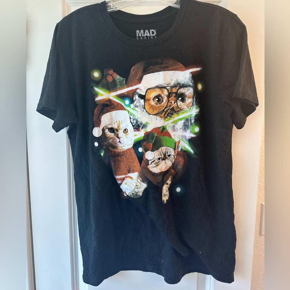 💚Ugly Christmas MAD Engine Laser Cat Graphic Tee